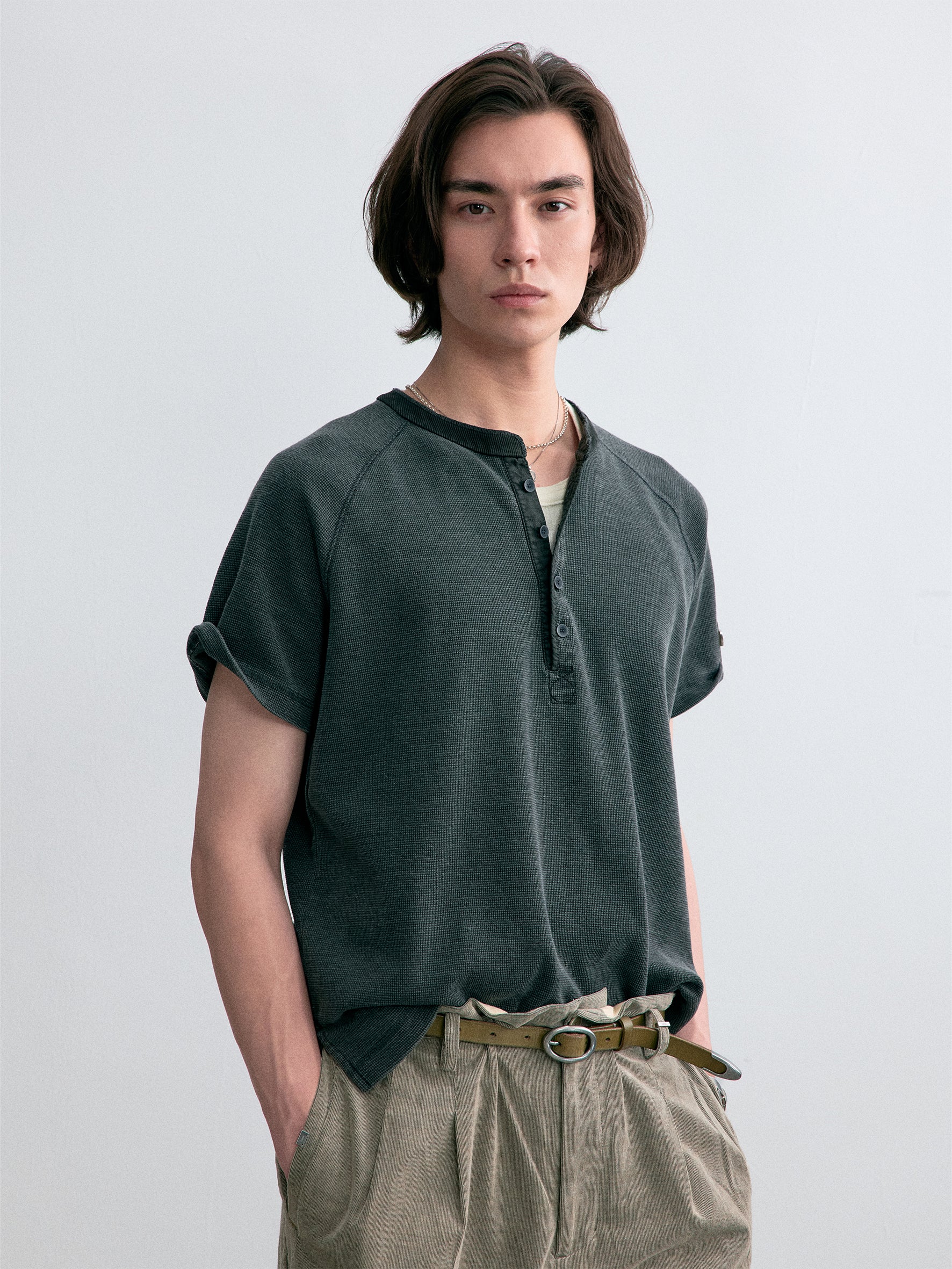 012 - Moccasin Memory Textured Short-Sleeve Henley