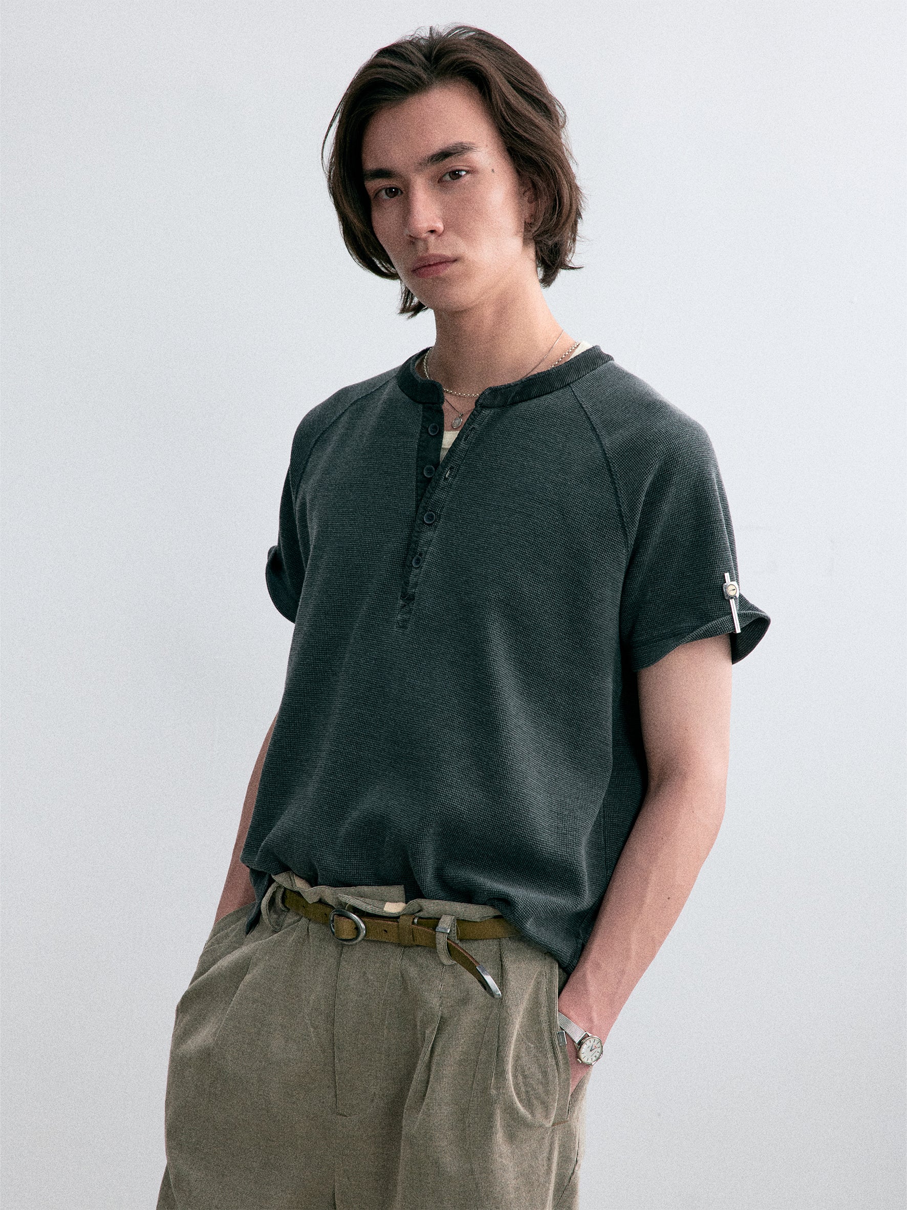 012 - Moccasin Memory Textured Short-Sleeve Henley