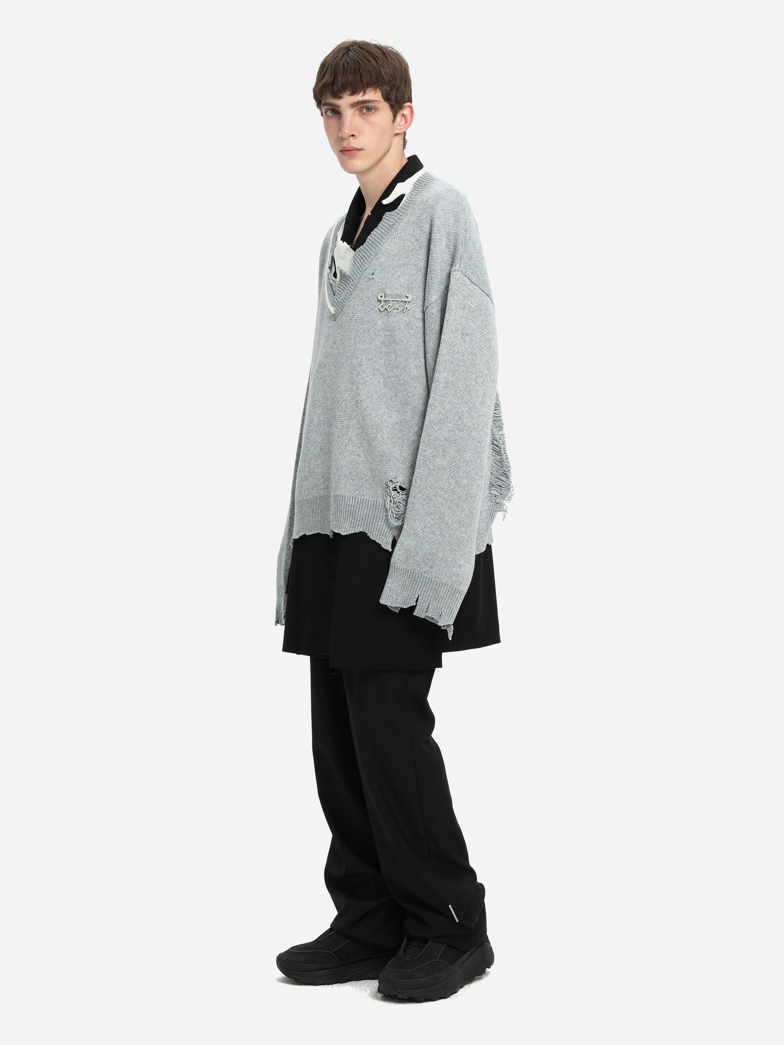 Staff Uniform Distressed Knit Layered Sweater - C2H4® Staff Uniform Distressed Knit Layered Sweater - C2H4®